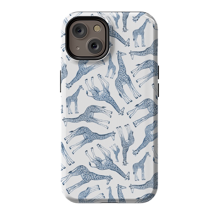 iPhone 14 StrongFit Little Giraffes in Monochrome Blue and White by Micklyn Le Feuvre