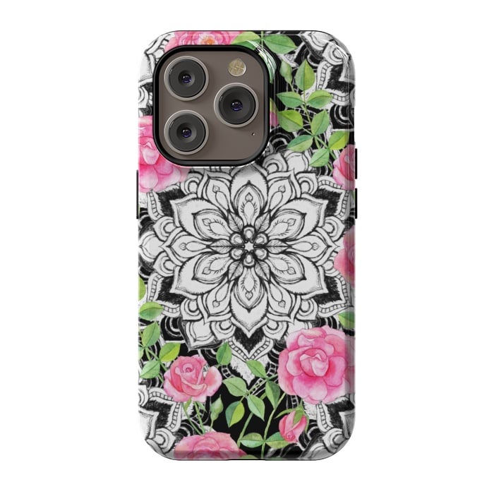 iPhone 14 Pro StrongFit Peach Pink Roses and Mandalas on Black and White Lace by Micklyn Le Feuvre