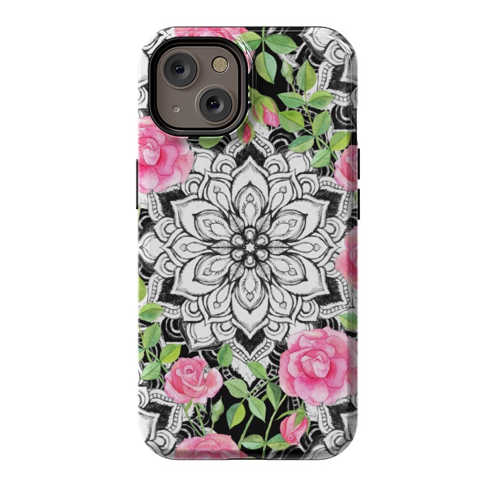 iPhone 14 StrongFit Peach Pink Roses and Mandalas on Black and White Lace by Micklyn Le Feuvre