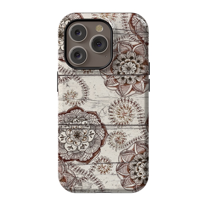 iPhone 14 Pro StrongFit Coffee & Cocoa - brown & cream floral doodles on wood by Micklyn Le Feuvre