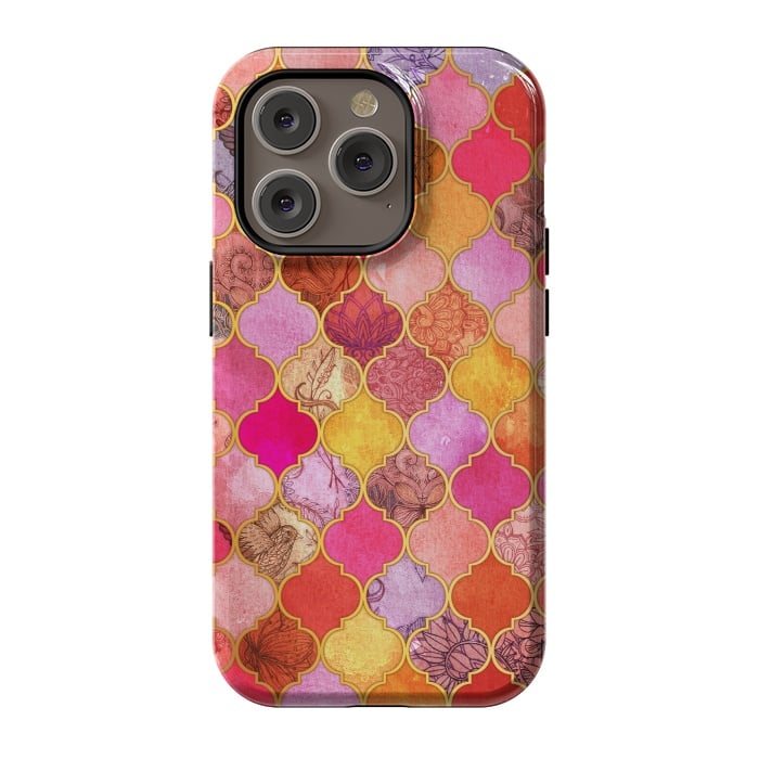 iPhone 14 Pro StrongFit Hot Pink, Gold, Tangerine & Taupe Decorative Moroccan Tile Pattern by Micklyn Le Feuvre