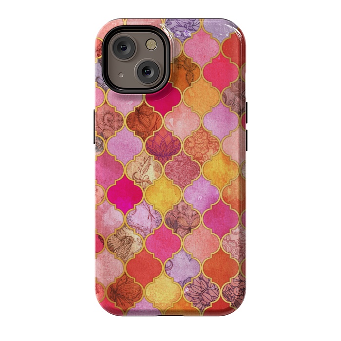iPhone 14 StrongFit Hot Pink, Gold, Tangerine & Taupe Decorative Moroccan Tile Pattern by Micklyn Le Feuvre