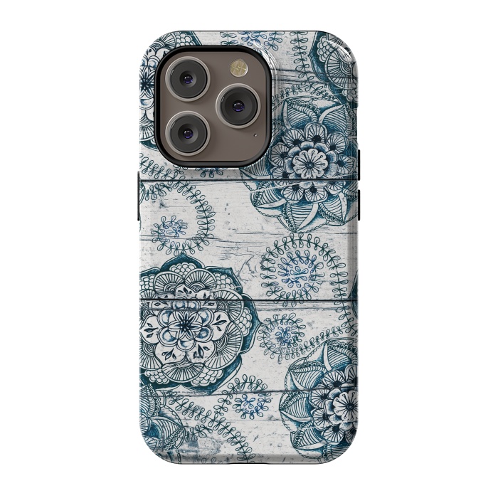 iPhone 14 Pro StrongFit Navy Blue Floral Doodles on Wood by Micklyn Le Feuvre