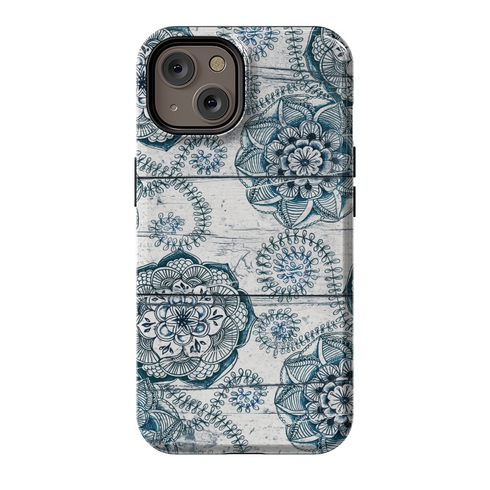 iPhone 14 StrongFit Navy Blue Floral Doodles on Wood by Micklyn Le Feuvre