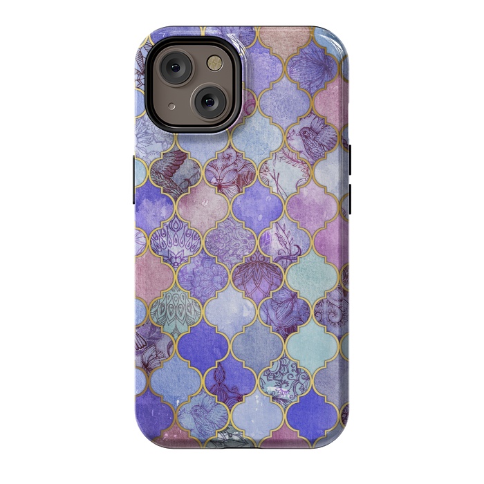 iPhone 14 StrongFit Royal Purple, Mauve & Indigo Decorative Moroccan Tile Pattern by Micklyn Le Feuvre
