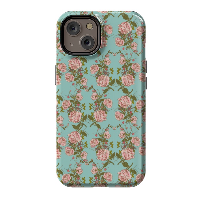 iPhone 14 StrongFit Vintage Rosy Floral-Blue by Quirk It Up
