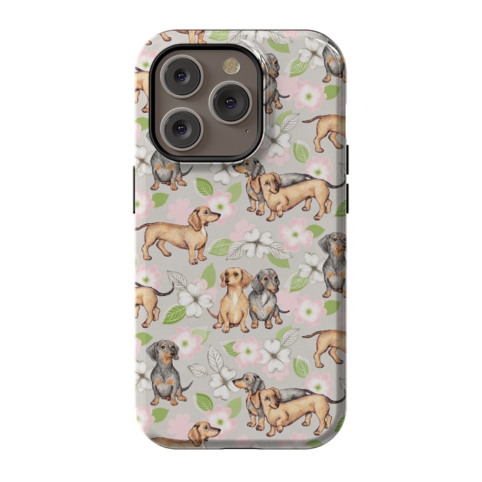 iPhone 14 Pro StrongFit Dachshunds and dogwood blossoms by Micklyn Le Feuvre