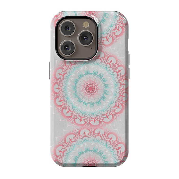 iPhone 14 Pro StrongFit Faded Coral & Mint Mandalas on Grey by Tangerine-Tane