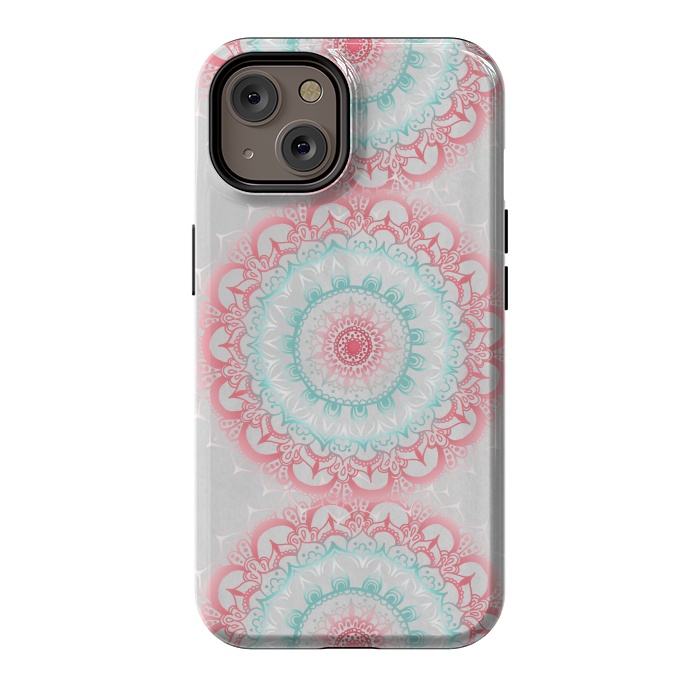 iPhone 14 StrongFit Faded Coral & Mint Mandalas on Grey by Tangerine-Tane
