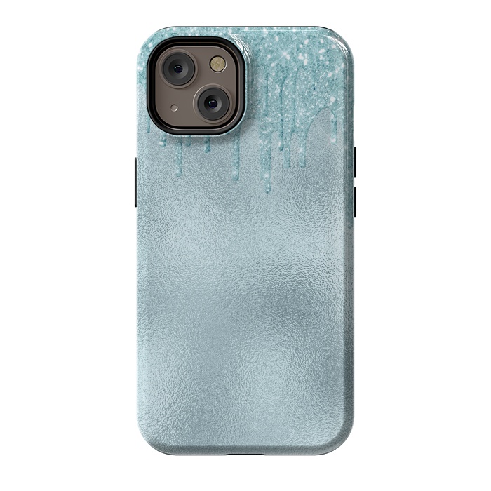 iPhone 14 StrongFit Ice Blue Glitter Droplets on Metal Foil by  Utart