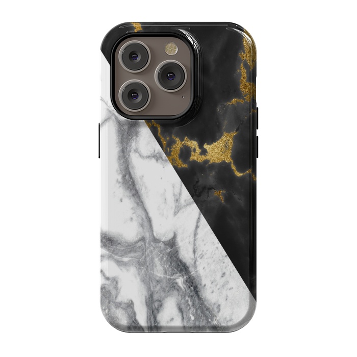 iPhone 14 Pro StrongFit Marble Black White Gold Geometric by Alemi