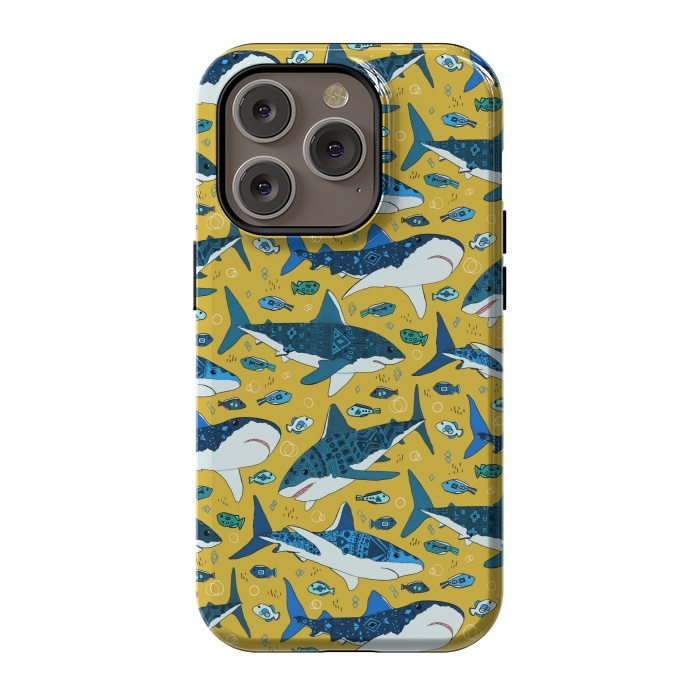 iPhone 14 Pro StrongFit Tribal Sharks & Fish On Mustard by Tigatiga