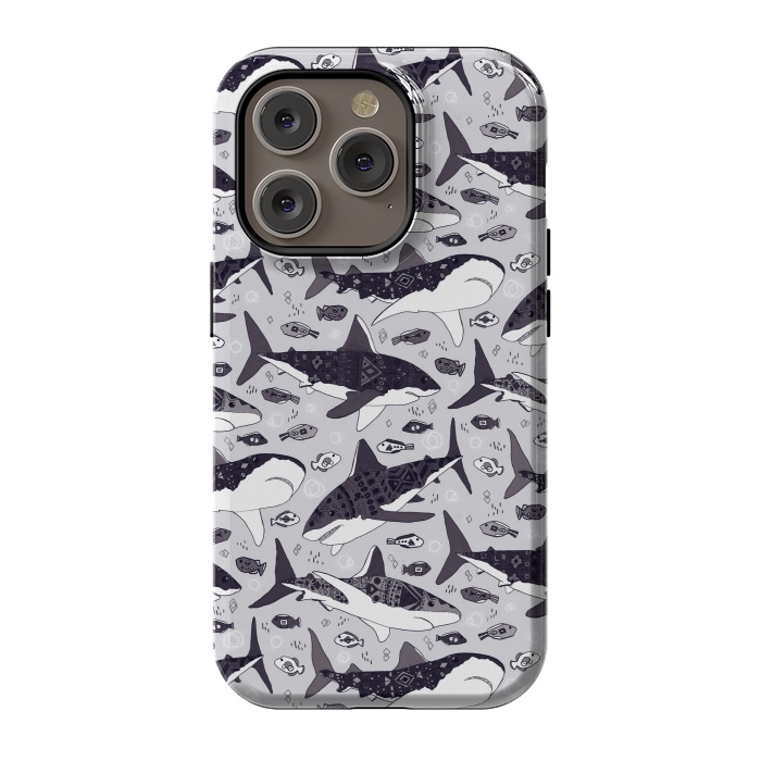 iPhone 14 Pro StrongFit Black & White Tribal Sharks & Fish  by Tigatiga