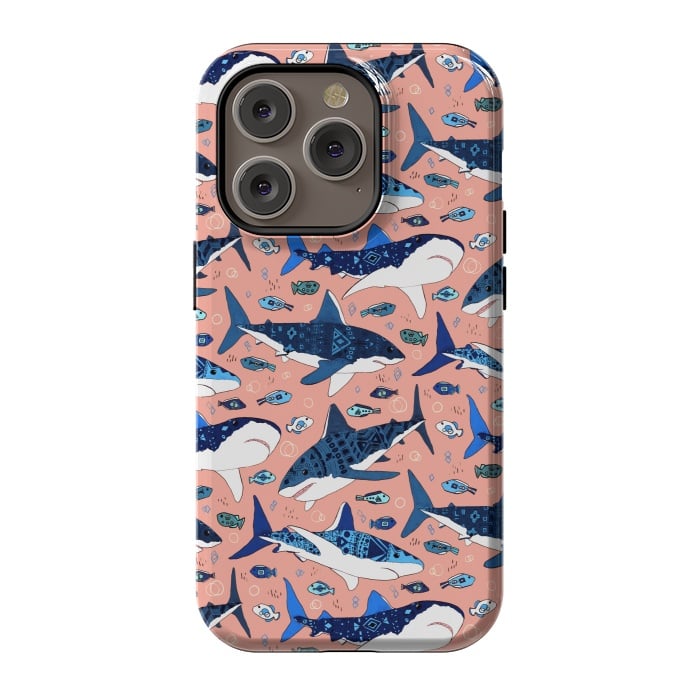 iPhone 14 Pro StrongFit Tribal Sharks & Fish On Pink by Tigatiga