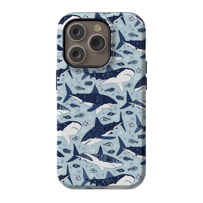 iPhone 14 Pro StrongFit Tribal Sharks & Fish On Baby Blue  by Tigatiga