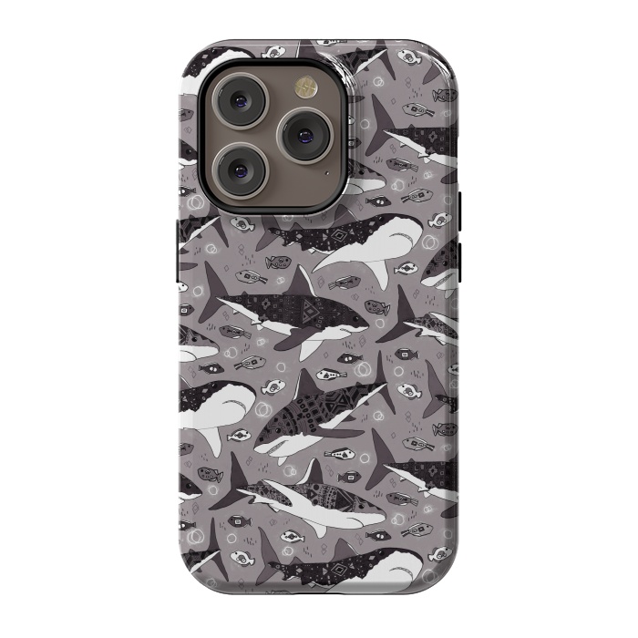 iPhone 14 Pro StrongFit Tribal Sharks & Fish On Grey  by Tigatiga