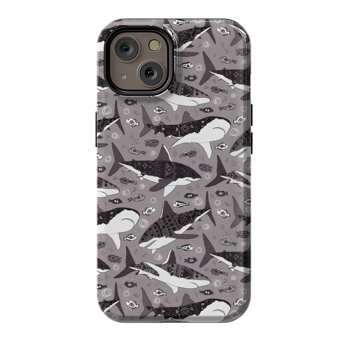 iPhone 14 StrongFit Tribal Sharks & Fish On Grey  by Tigatiga