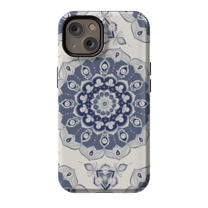 iPhone 14 StrongFit Grey Blue Monochrome Floral Mandala by Micklyn Le Feuvre