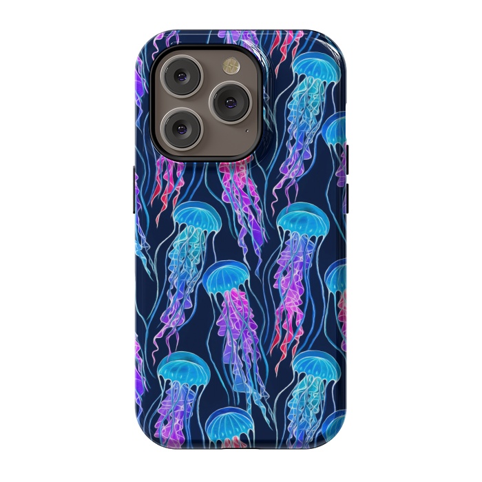 iPhone 14 Pro StrongFit Luminescent Rainbow Jellyfish on Navy Blue by Micklyn Le Feuvre