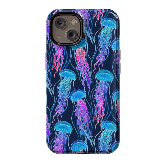 iPhone 14 StrongFit Luminescent Rainbow Jellyfish on Navy Blue by Micklyn Le Feuvre