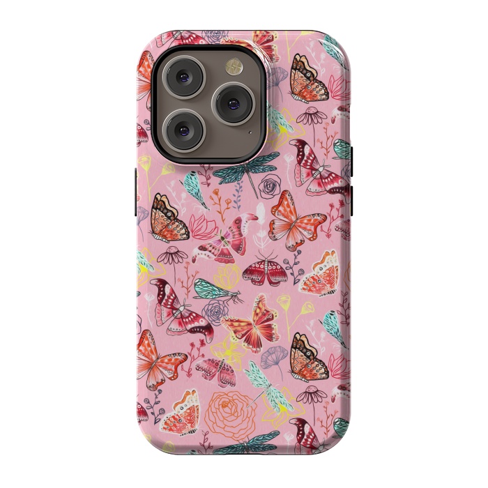 iPhone 14 Pro StrongFit Butterflies, Dragonflies and Moths on Pink  by Tigatiga