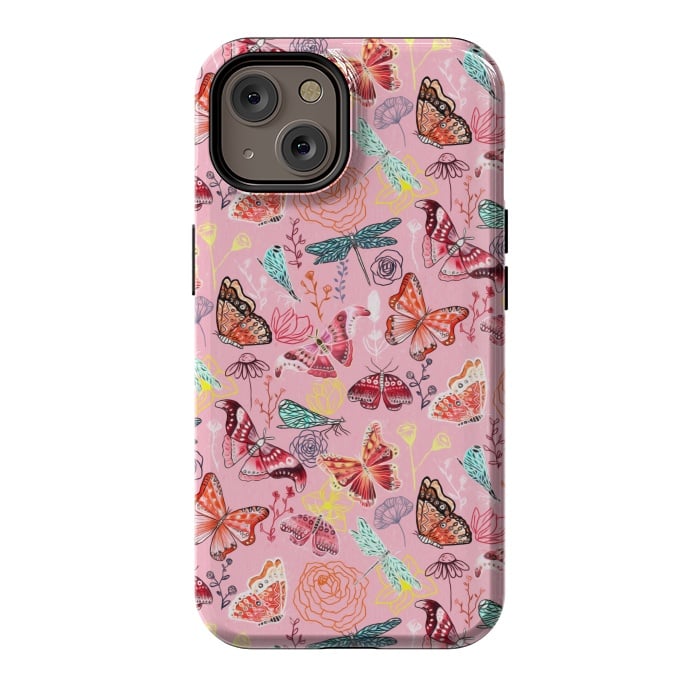 iPhone 14 StrongFit Butterflies, Dragonflies and Moths on Pink  by Tigatiga