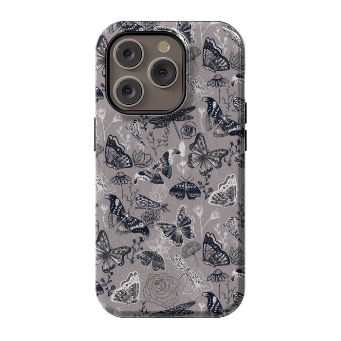 iPhone 14 Pro StrongFit Grey Butterflies, Dragonflies and Moths  by Tigatiga