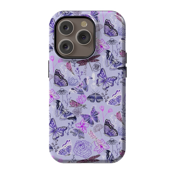 iPhone 14 Pro StrongFit Butterflies, Dragonflies and Moths on Purple by Tigatiga