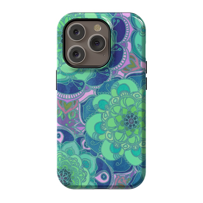 iPhone 14 Pro StrongFit Fantasy Flowers in Mint Green & Purple by Micklyn Le Feuvre