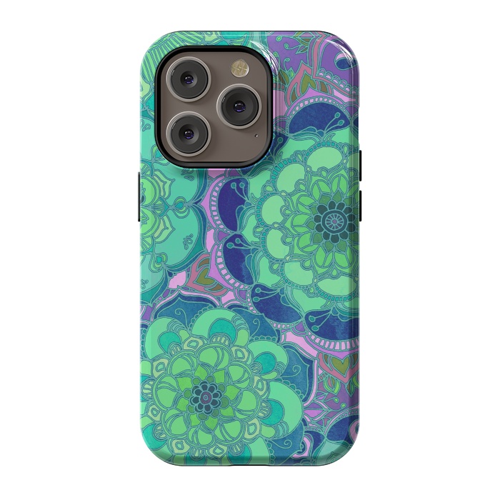 iPhone 14 Pro StrongFit Fantasy Flowers in Mint Green & Purple 2 by Micklyn Le Feuvre