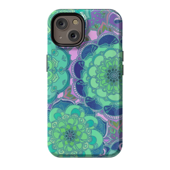 iPhone 14 StrongFit Fantasy Flowers in Mint Green & Purple 2 by Micklyn Le Feuvre