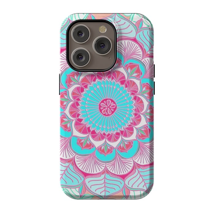 iPhone 14 Pro StrongFit Tropical Doodle Flower in Pink & Aqua by Micklyn Le Feuvre