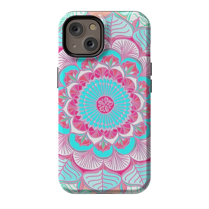 iPhone 14 StrongFit Tropical Doodle Flower in Pink & Aqua by Micklyn Le Feuvre