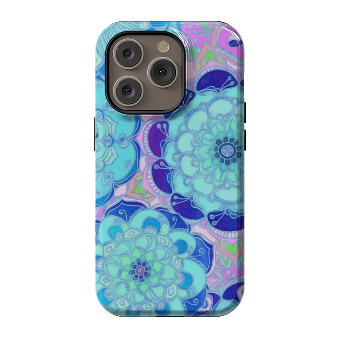 iPhone 14 Pro StrongFit Radiant Cyan & Purple Stained Glass Floral Mandalas by Micklyn Le Feuvre