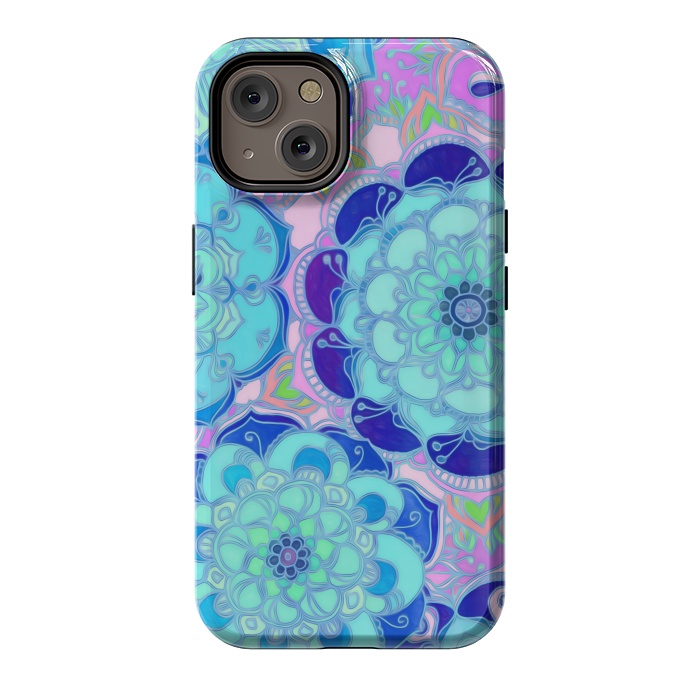 iPhone 14 StrongFit Radiant Cyan & Purple Stained Glass Floral Mandalas by Micklyn Le Feuvre