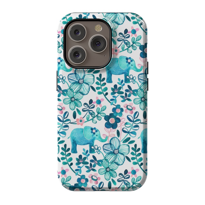 iPhone 14 Pro StrongFit Little Teal Elephant Watercolor Floral on White by Micklyn Le Feuvre