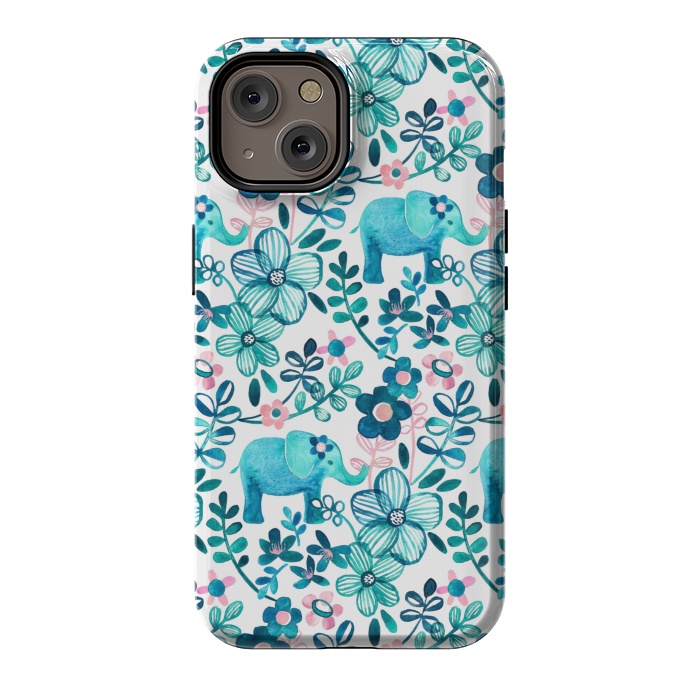 iPhone 14 StrongFit Little Teal Elephant Watercolor Floral on White by Micklyn Le Feuvre