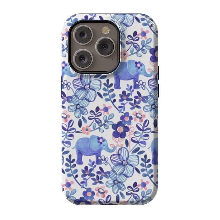 iPhone 14 Pro StrongFit Little Purple Elephant Watercolor Floral on White by Micklyn Le Feuvre