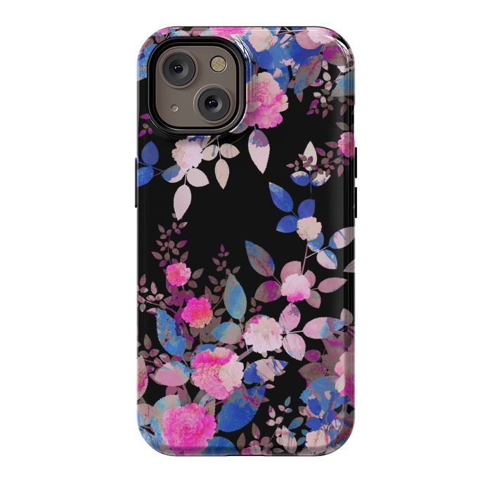 iPhone 14 StrongFit Blue magenta japanese roses on black by Oana 