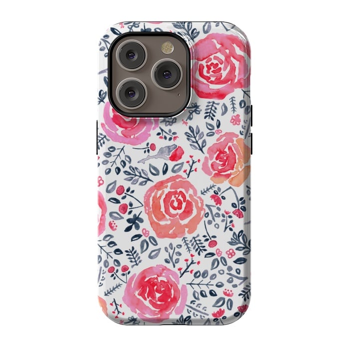 iPhone 14 Pro StrongFit Red, Magenta & Navy Watercolor Roses  by Tigatiga