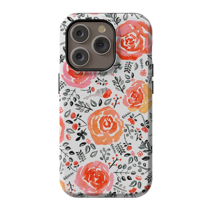 iPhone 14 Pro StrongFit Orange, Red & Grey Watercolor Roses  by Tigatiga