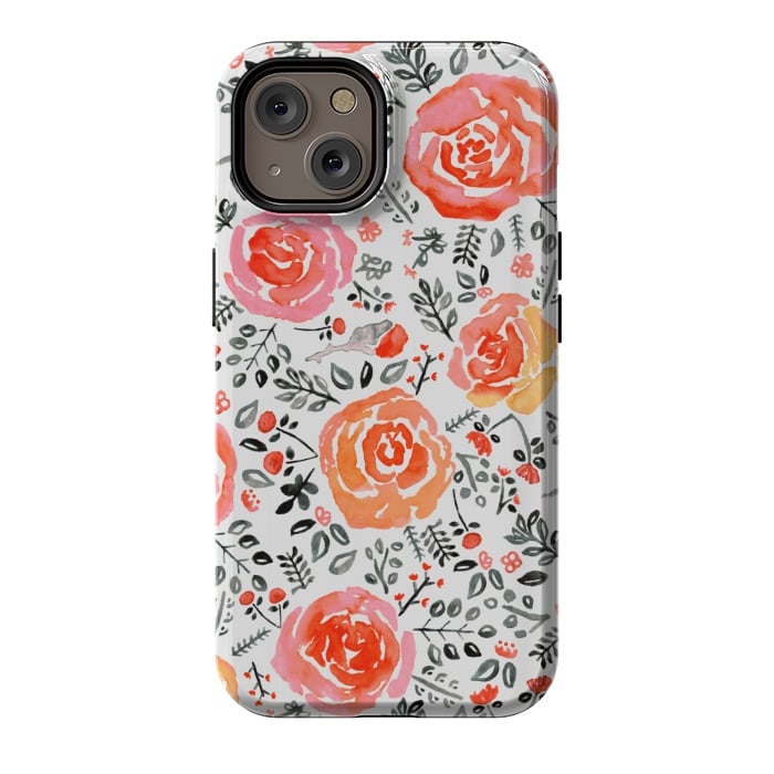 iPhone 14 StrongFit Orange, Red & Grey Watercolor Roses  by Tigatiga