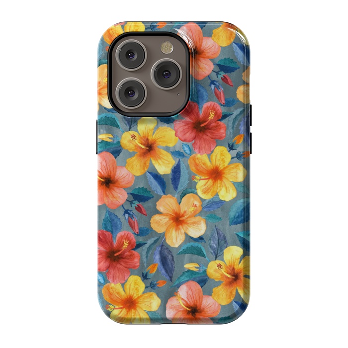 iPhone 14 Pro StrongFit Bright Little Summer Hibiscus Blooms in Watercolor by Micklyn Le Feuvre