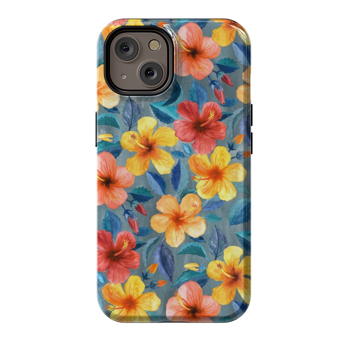iPhone 14 StrongFit Bright Little Summer Hibiscus Blooms in Watercolor by Micklyn Le Feuvre