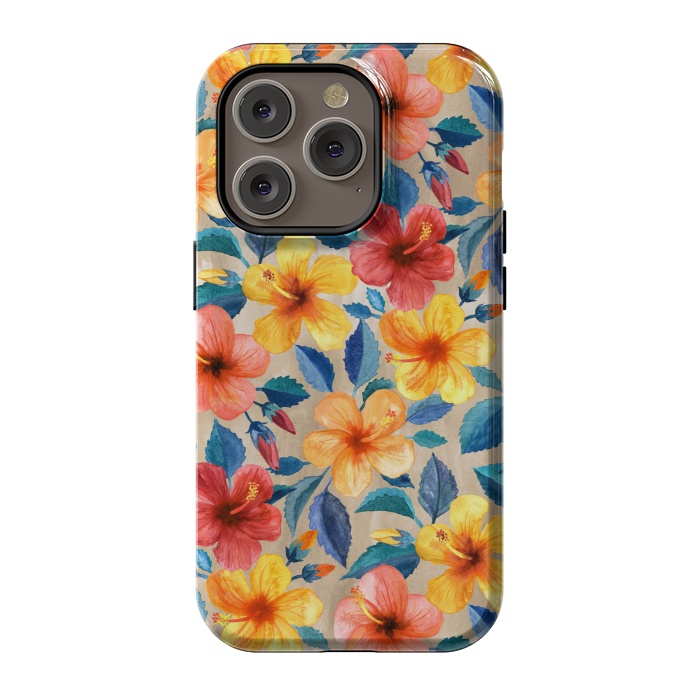 iPhone 14 Pro StrongFit Little Tropical Hibiscus Blooms in Watercolor by Micklyn Le Feuvre