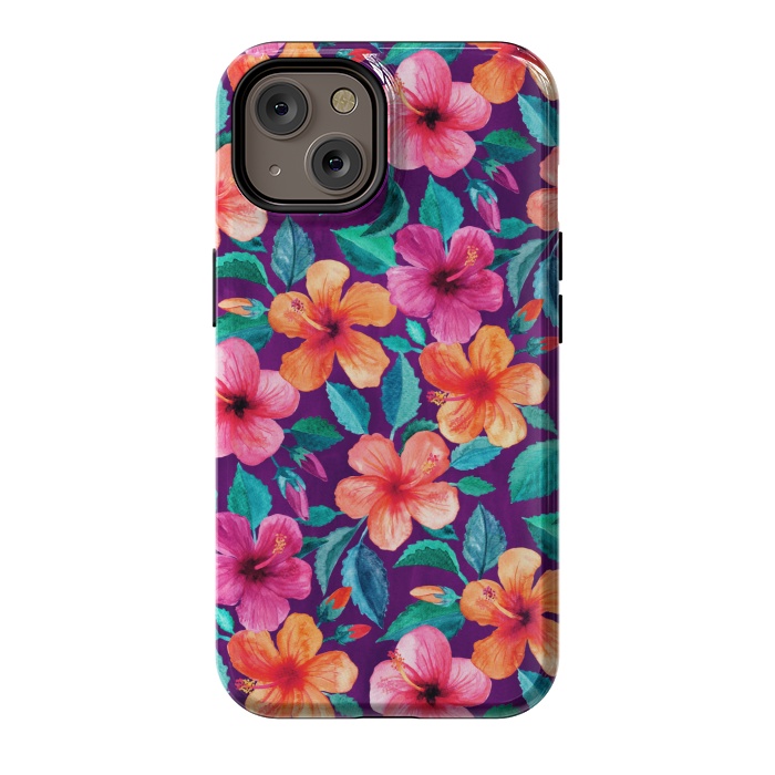 iPhone 14 StrongFit Little Bright Hibiscus Blooms in Watercolor on Purple by Micklyn Le Feuvre
