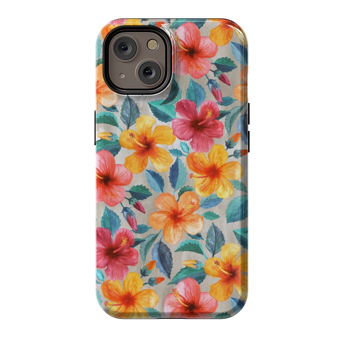 iPhone 14 StrongFit Little Tropical Hawaiian Hibiscus Blooms in Watercolor by Micklyn Le Feuvre