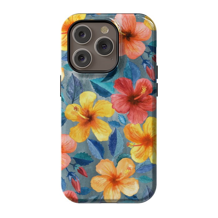 iPhone 14 Pro StrongFit Bright Summer Hibiscus Blooms in Watercolor by Micklyn Le Feuvre