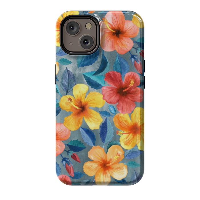 iPhone 14 StrongFit Bright Summer Hibiscus Blooms in Watercolor by Micklyn Le Feuvre
