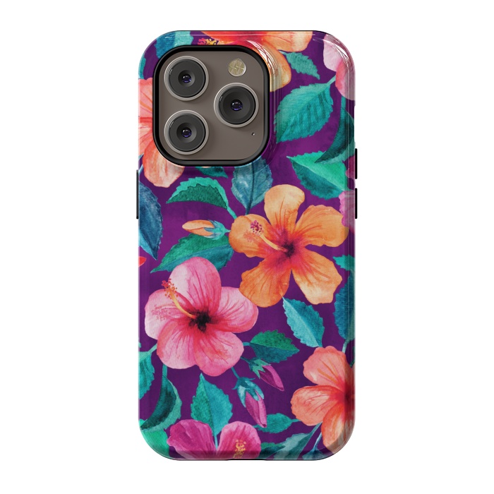 iPhone 14 Pro StrongFit Bright Hibiscus Blooms in Watercolor on Purple by Micklyn Le Feuvre